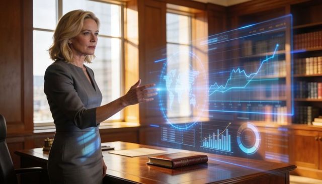 Female executive interacting with holographic financial charts in wood-paneled office