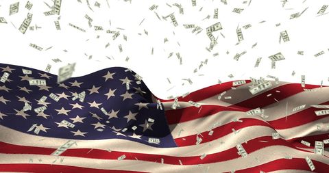 Dollar Bills Falling Over Vibrant American Flag Symbolizing Prosperity
