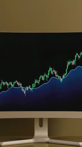 Vertical monitor displaying rising candlestick chart with blue trend band on desk
