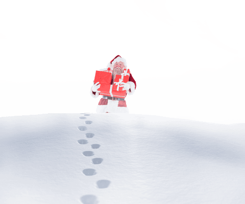 Transparent Santa Hiking Through Snowfields Carrying Gifts