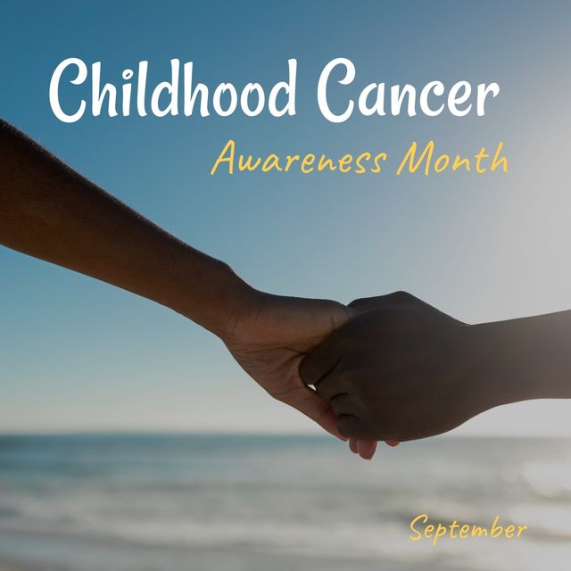 Multiracial children holding hands against sea and childhood cancer awareness month with september. Text, sky, copy space, composite, nature, together, disease, awareness, healthcare, prevention.