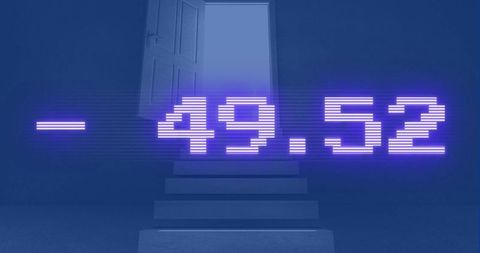 Financial data display with digital effects and open door