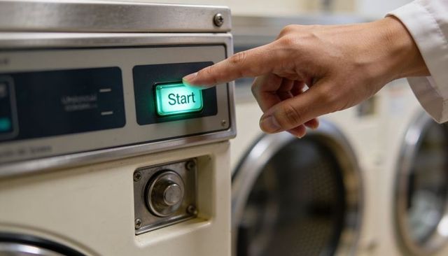 Pressing start button on coin-operated washer closeup showing coin slot and control panel