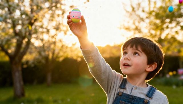 Young boy holding pastel easter egg during golden hour in sunlit spring garden