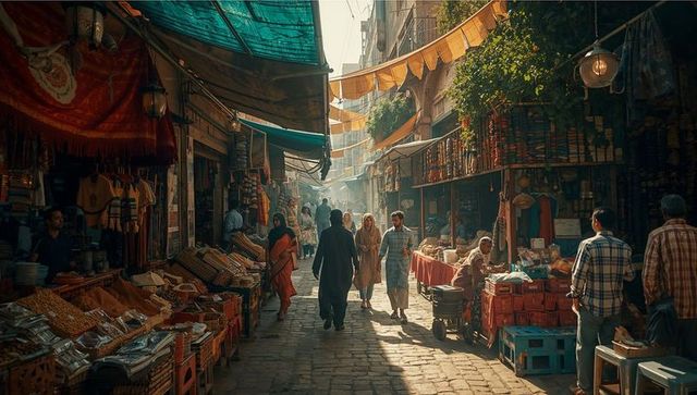 Bustling Bazaar Alleyway with Stalls and Passersby in Motion