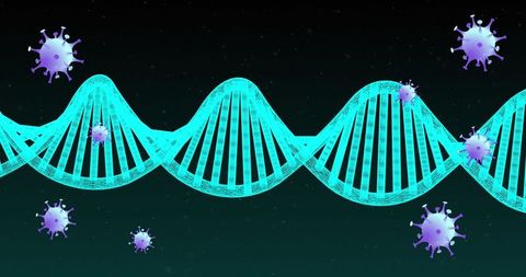 Abstract dna strand with covid-19 cells on dark background