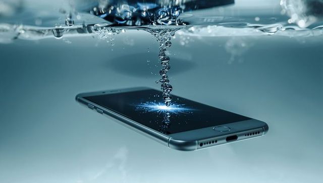 Submerged smartphone receiving droplet impact with glowing screen reflection