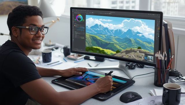 Creative designer sketching in home studio on digital tablet