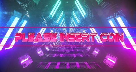 Futuristic neon coins message in sci-fi corridor