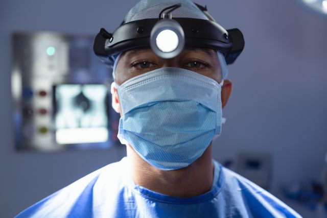 Male surgeon with surgical mask and surgical headlight looking at camera in operation room at hospital