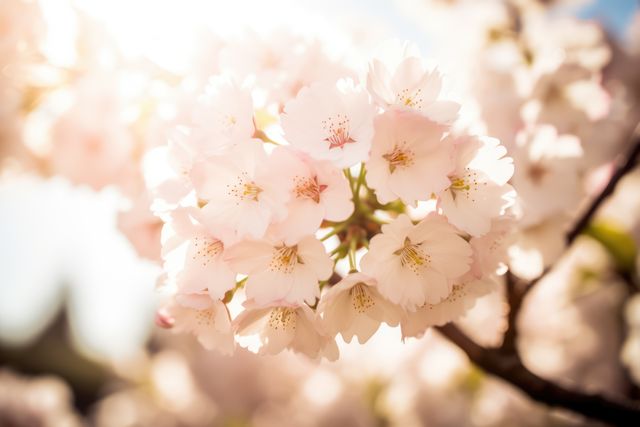 Close-up of cherry blossoms in full bloom, bathed in soft sunlight. The delicate petals create a serene and romantic atmosphere, making this perfect for seasonal greetings, nature-themed designs, and floral advertisements.