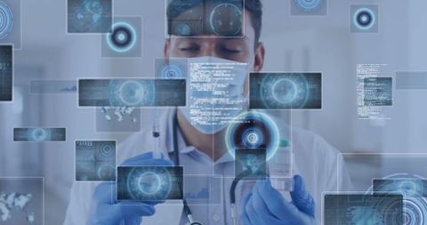 Clinician preparing injection amid futuristic digital data panels