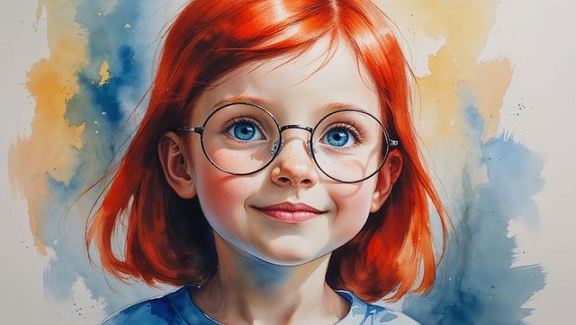 Whimsical childhood: red-haired kid smiling with round glasses