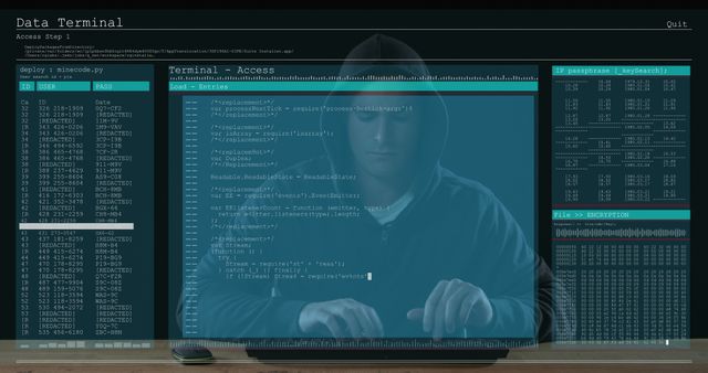 Image of data processing on computer screens over male hacker using computer. global technology, online security, cybercrime and programming concept digitally generated image.