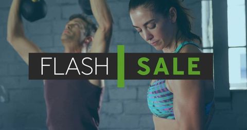 Flash sale fitness class promotion with focused woman and man lifting kettlebell banner