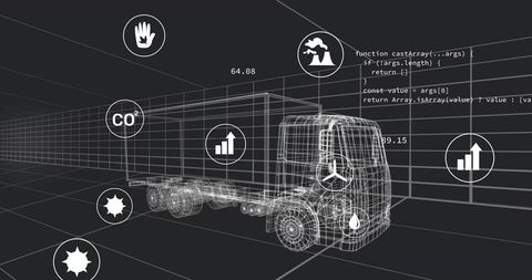 Wireframe truck telemetry with co2 analytics and dashboard overlays in virtual warehouse