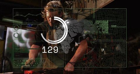 Bearded Blacksmith Forging Metal at Workbench with Futuristic HUD Overlay, Industrial Tech