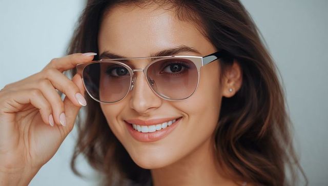 Smiling Hispanic Woman Adjusting Metal-Framed Sunglasses Closeup Beauty Fashion Portrait