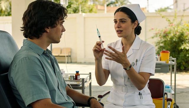 Nurse explaining injection technique to male patient in outdoor clinic, compassionate care
