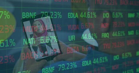 Businesswoman in hijab discussing stock data on tablet