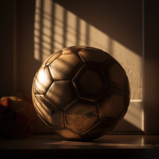 Warm sunlight casts soft shadows on a shiny golden soccer ball. Ideal for use in sports equipment ads, posters about the passion for football, or articles on vintage sports collections. The play of light and shadow adds depth and a sense of nostalgia.