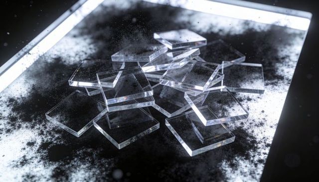 Transparent glass squares refracting rim light over soot-dusted lightbox, abstract forms