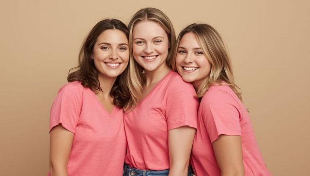 Smiling Female Friends Bonding in Matching Pink T-Shirts
