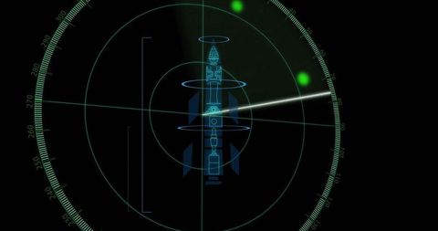 Futuristic radar digital interface with rocket schematic