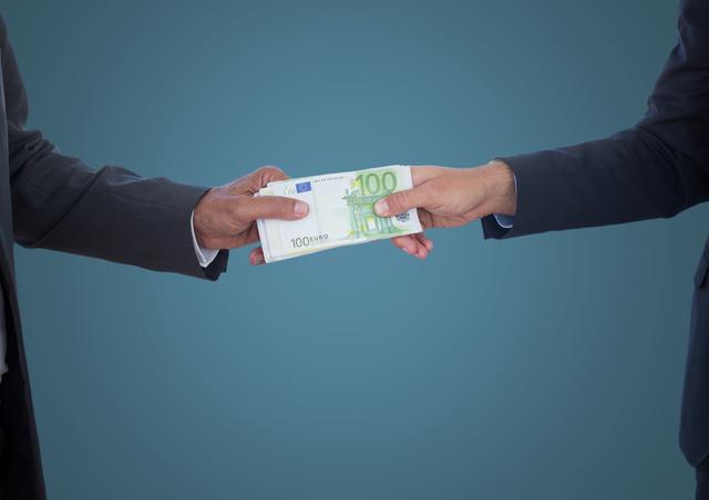 This visual depicts two business people holding a stack of 100-euro banknotes against a blue backdrop. Suitable for illustrating financial transactions, business agreements, corporate deals, or economic concepts. Ideal for use in presentations, business blogs, articles on financial transactions, or depicting corruption and bribery in business.