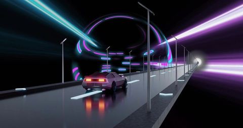 Driving retro sports coupe gliding on neon-lit overpass with futuristic synthwave rings