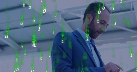 Businessman Tapping Tablet with Green Binary Overlay for Cybersecurity