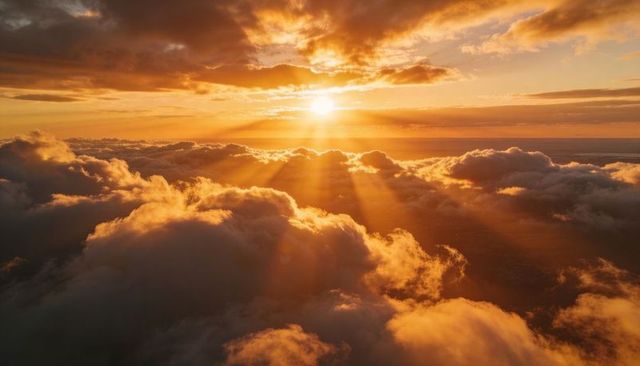 Golden-hour sunbeams glowing over dramatic cloudscape, aerial view above dense cloud tops