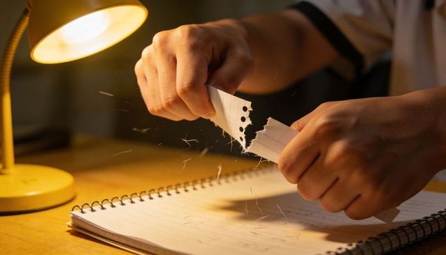Hands tearing perforated notebook page under warm desk lamp, closeup study frustration
