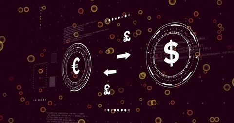 Futuristic currency exchange hud with dollar, euro, pound symbols and digital code overlay