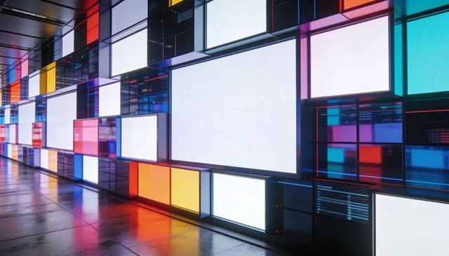 LED Wall Displaying Blank Modular Panels with Colorful Backlit Reflections and Glass Grid