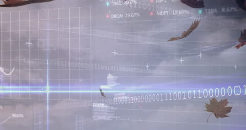 Dynamic Financial Data Animation Over Electric Cloudy Sky