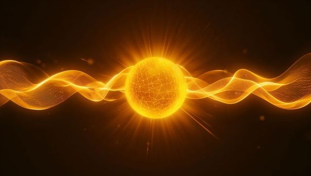 Glowing golden orb emitting radiant mesh with flowing light ribbons in dark void