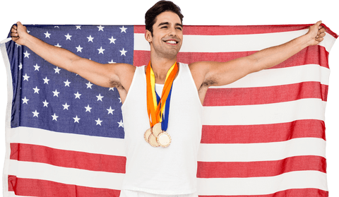 Male Athlete Posing with Medals and American Flag Transparent Background