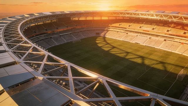Sunset-glowing modern oval stadium with steel truss roof, grass pitch and empty stands