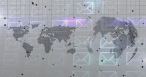 Global digital communication: dotted world map with floating mail icons