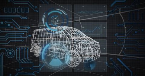 Holographic wireframe SUV hovering over digital engineering grid with HUD analytics