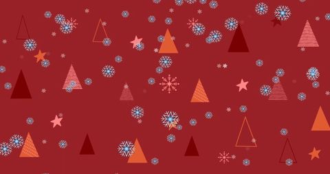 Festive pattern with snowflakes stars and triangles on red