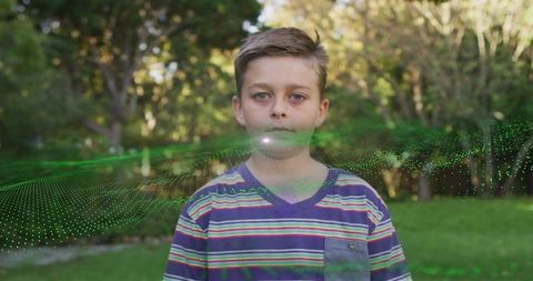 Child Standing in Garden with Digital Green Wave Overlay