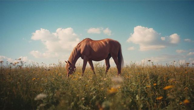 Tranquil chestnut horse grazing in rustic meadow under blue sky