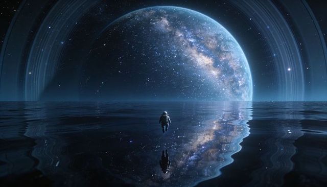 Solitary astronaut floating above reflective ocean beneath ringed planet and milky way