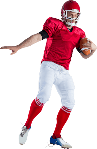 American football player in action holding ball transparent background