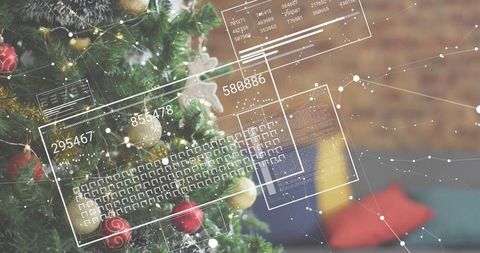 Augmented reality overlay decorating festive christmas tree in cozy living room