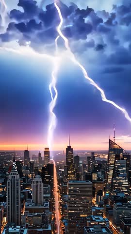 Lightning striking skyscraper-lined avenue at dusk vertical storm video cinematic energy