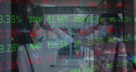 Reflective Glass Showing Stock Market Data Overlay with Professionals