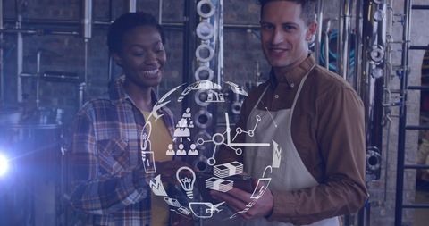 Global Business Concept with Icons and Diverse Collaborators in Workshop